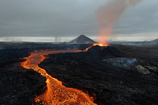 Beautiful aerial panoramatic view of active volcano