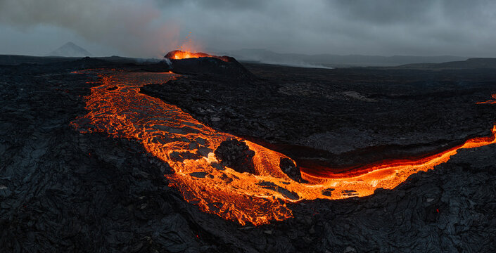Beautiful aerial panoramatic view of active volcano