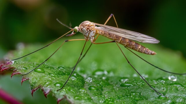 Crane fly with exceptionally long legs and transparent wings resting on a wet green leaf, showcasing intricate natural detail