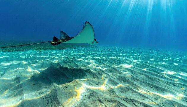 Elegant Eagle Ray Glides Gracefully Above Sandy Seabed with Wings Outstretched in Sunlight Dappled Ocean Depths