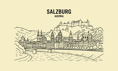 Naklejka premium Salzburg Austria Cityscape Sketch with River and Fortress Keywords: Salzburg, Austria, cityscape