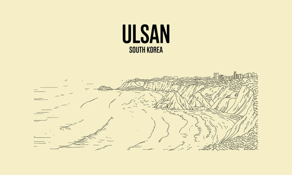 Ulsan South Korea Coastal Cliffs and City Skyline Sketch Keywords: Ulsan South Korea, coastal
