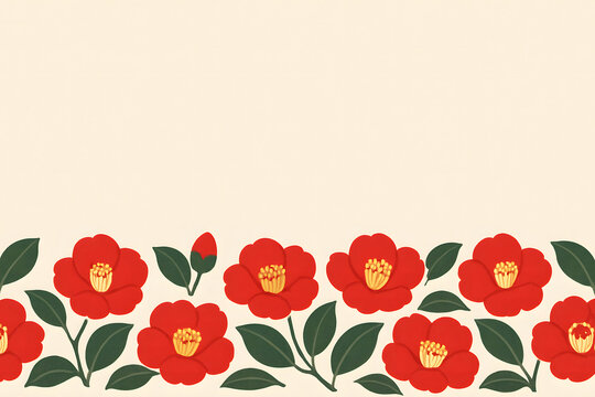 Horizontal bottom border of vibrant red camellia flowers with large copy space on light background. generated by AI.