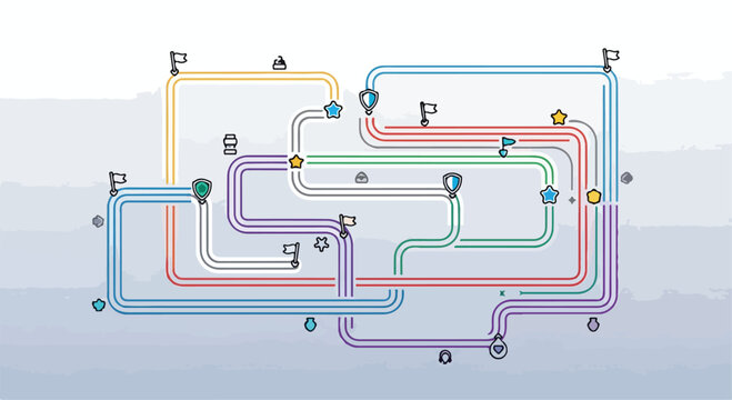Abstract roadmap infographic with colorful path lines, business process flow chart with map markers and flags, strategic planning vector illustration