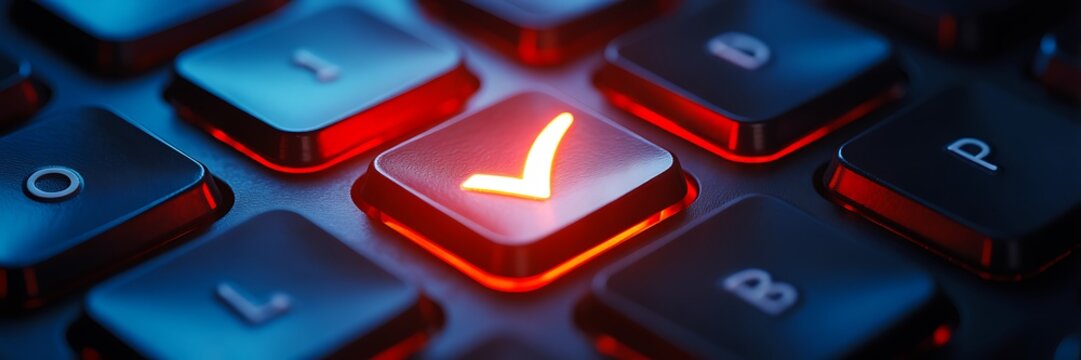 Glowing keyboard key with check mark approval digital technology concept
