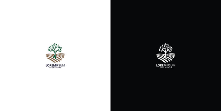 Minimalist logo design featuring a stylized tree and fertile agricultural land on white and black backgrounds