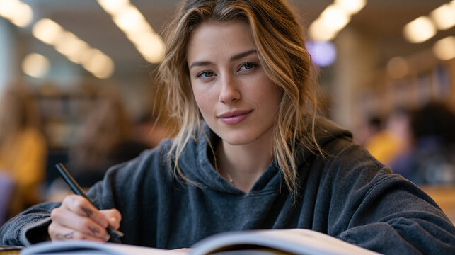 Young woman scribbling angry notes in the margins of a bestselling diet book at a crowded library table, fluorescent lights humming above, perfect for diet culture criticism, body autonomy, and cont