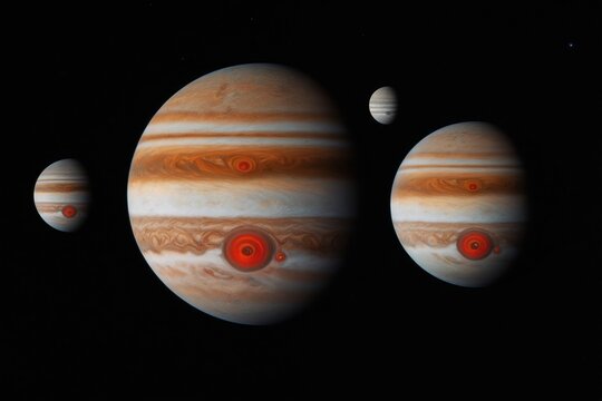 Jupiter and its moons glow in the dark expanse of space. The gas giant shows its stripes and storms. Smaller moons orbit the massive planet, offering a cosmic view. Its Great Red Spot is visible.