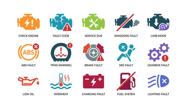 Car dashboard warning icons displayed on white background