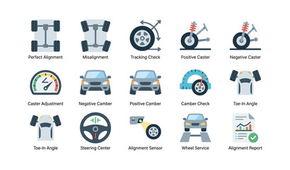 Fototapeta premium Wheel alignment and suspension icons arranged on white background