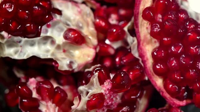 Deconstructed Pomegranate Spinning on Surface. Ruby Red Seeds in Slow Motion ASMR Loop