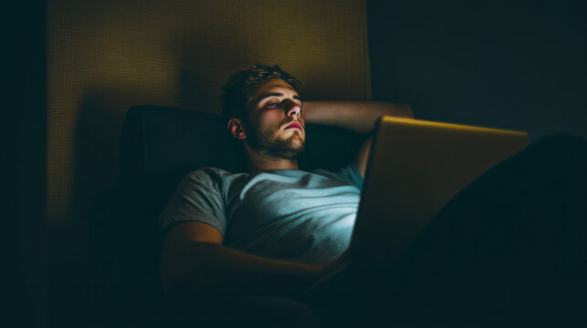 Man slumped in chair staring blankly at laptop after long hours ,people, women in stress, men sitting on the chair with sadness, people with burnout, stress , photo style