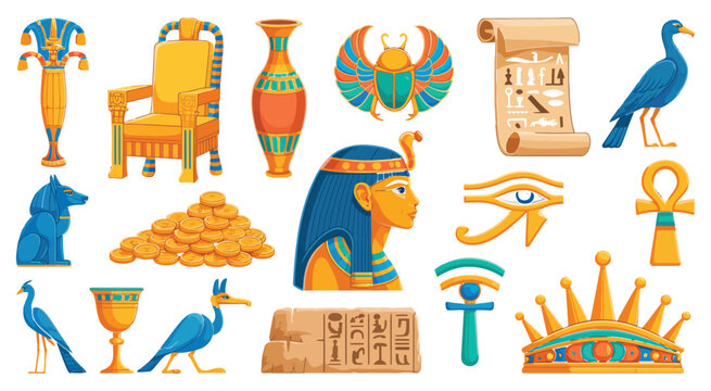 Egyptian civilization game icons with golden scarab throne papyrus tablet coins and ankh symbols in colorful cartoon UI style for game assets