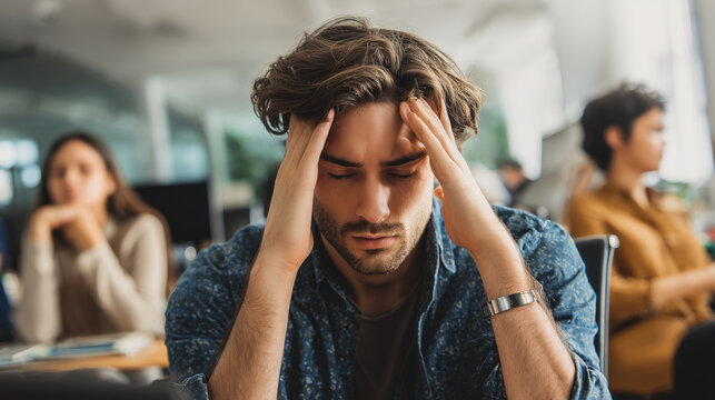 Man holding head in hands while sitting in office chair ,people, women in stress, men sitting on the chair with sadness, people with burnout, stress , photo style