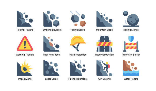 Rockfall and safety icons showing falling boulders on white background