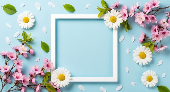 White frame with flowers and daisies on mint background