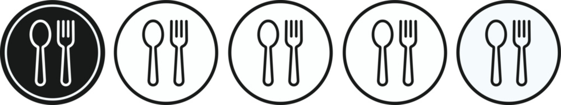 Minimalist Dining Icon Set with Fork and Spoon in Circular Outline and Solid Styles for Food and Restaurant Design