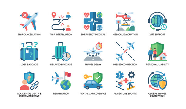 Travel insurance icons representing common policy benefits on white