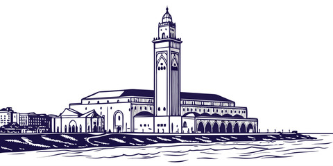 Obraz premium Casablanca Skyline Silhouette | Hassan II Mosque Vector Wall Art