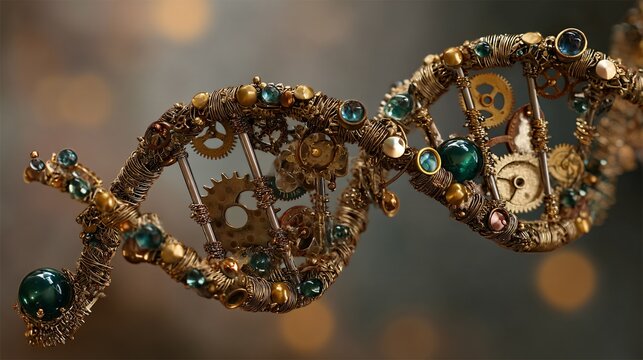Steampunk DNA double helix structure with gears and jewels