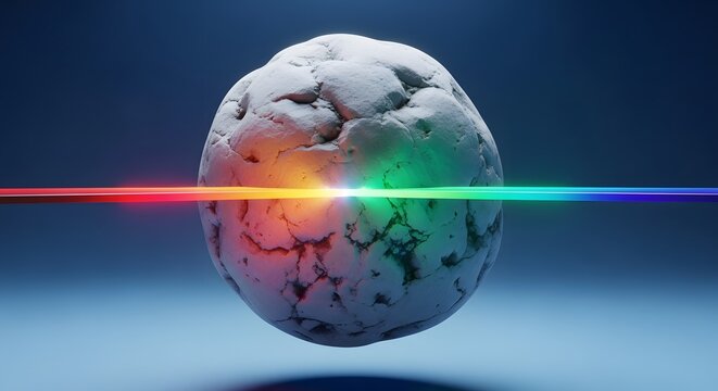 White rock sphere split by a colorful laser beam. Physics and science laboratory concept. Round stone floating while being hit by a spectrum light ray