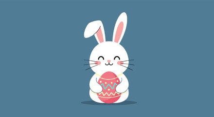 Obraz premium Adorable little white easter bunny with pink ears holding a decorated pink easter egg on a clean blue background.