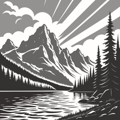 Monochrome mountain landscape with sunburst effect and forest lake, mountain © md razab 1122