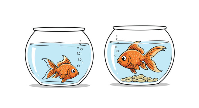 Two orange goldfish in separate glass bowls of different sizes illustrating the concept of space and environment.
