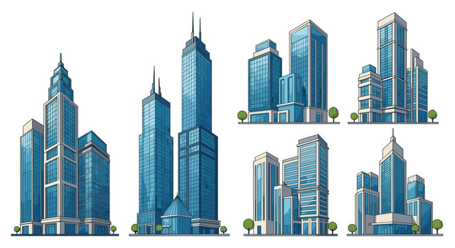 Set of various modern architectural glass skyscrapers and corporate office building designs for urban city planning.