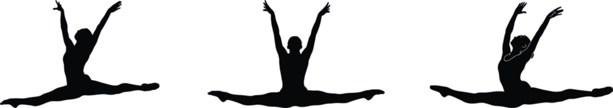 Gymnast dancer leap split silhouette vector set