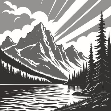 Monochrome mountain landscape with sunburst effect and forest lake, mountain