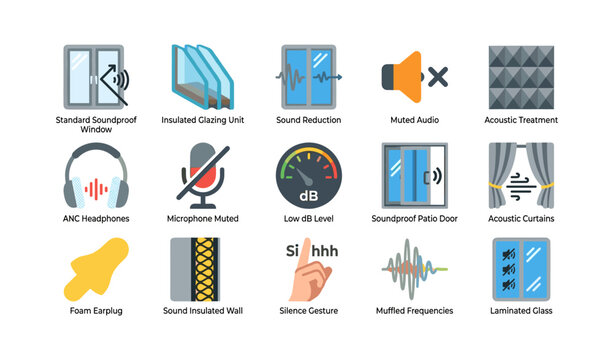 Soundproofing and acoustic treatment icons arranged on white
