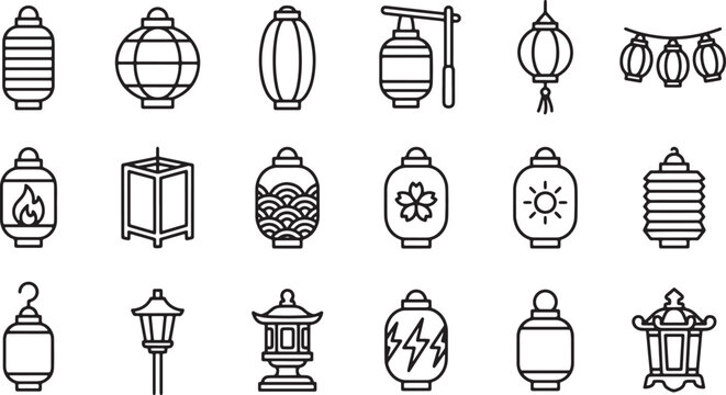 Set of traditional paper lantern icons featuring various shapes and decorative patterns in a clean line art style