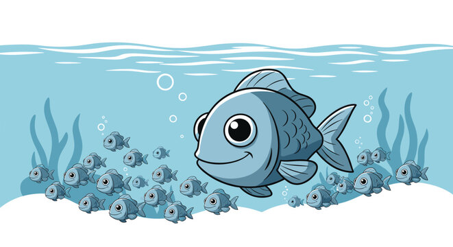 Large smiling blue fish swims among a school of smaller blue fish in an underwater coral reef scene with sea plants.