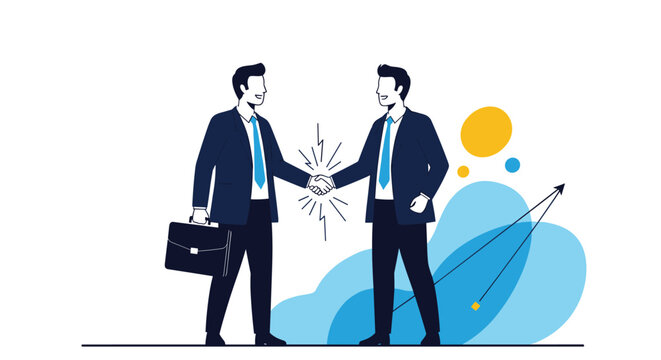 Two professional businessmen shaking hands in agreement next to a growth chart arrow symbolizing successful corporate deal and partnership expansion.