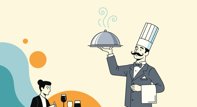 Professional chef with a classic white hat and mustache proudly holds a silver platter with a cloche cover in a luxury restaurant setting.