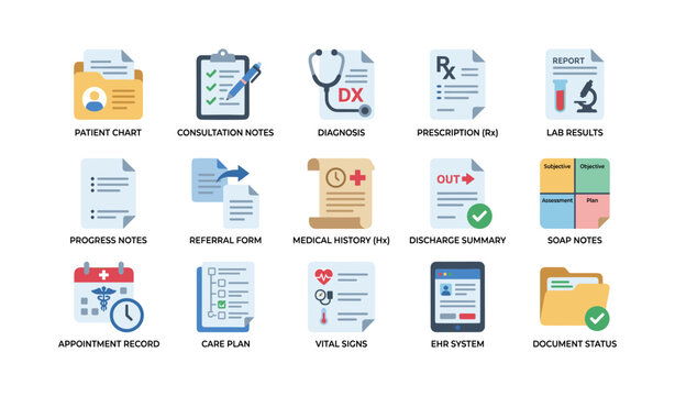 Medical record icons arranged in grid on white background