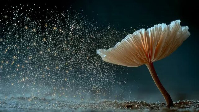 Enchanted forest floor with a glowing mushroom releasing magical spores into the twilight