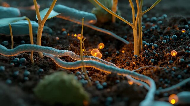 Plant roots growing through dark soil with fungal mycelium threads and glowing microbes for agriculture biology and ecosystem research