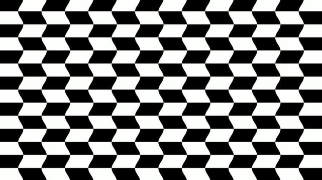 Dynamic monochromatic checkerboard pattern creating an intriguing optical illusion with undulating geometric blocks, abstract visual art ideal for backgrounds and modern design. 4k Footage