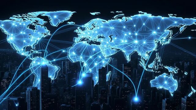 Digital world map with glowing network links over dark city background, showing global connectivity concept