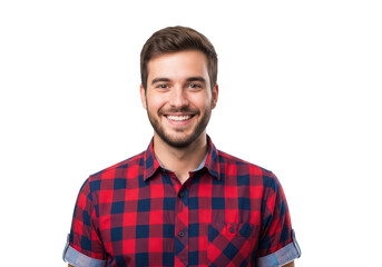 Obraz premium Smiling man in red and black plaid shirt isolated on transparent background