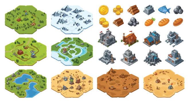 Isometric game map tiles and resource icons, medieval strategy world building kit, hex grid terrain set with buildings and materials