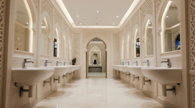 Luxurious Islamic restroom with many sinks and ornate archways. Clean white design with gold accents. Modern arabic architecture interior with marble floors and geometric patterns.