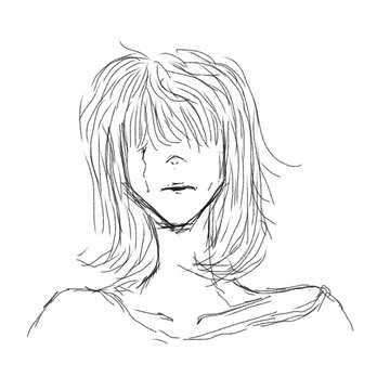 Emotional line sketch of a girl with hair covering eyes and a tear on her face, expressing sadness in minimal style.