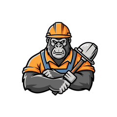 Fototapeta premium Angry Gorilla Construction Worker Holding Shovel, Mascot Logo, Strong Animal Character, Laborer in Hard Hat and Overalls