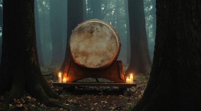 Large ancient drum sits on wooden stand in misty forest. Lit by candles on a low bench, the instrument rests amidst trees. Soft light glows on the drumhead and surrounding forest floor.