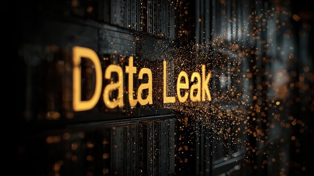 Close-Up View of Server Rack with Data Leak Symbol and Text