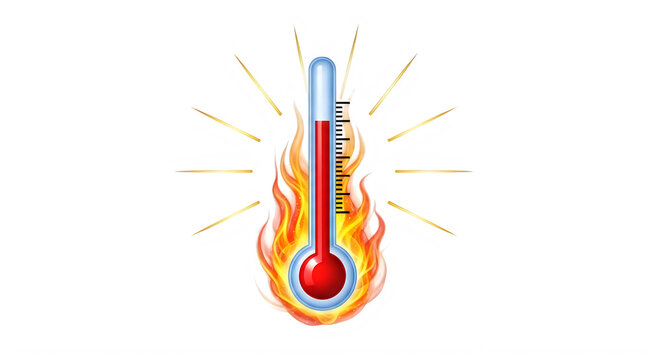 Thermometer in flames indicating extreme heat with radiating lines