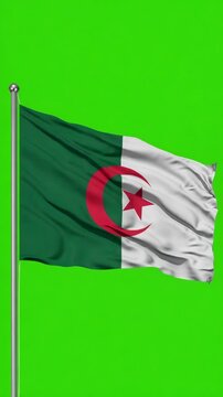 Green flag flutters against a vibrant green screen. Red crescent and star gleam on the flag. Wind moves fabric with natural motion. Ideal for overlaying into video projects or presentations